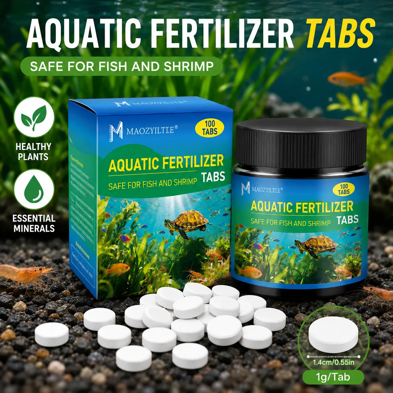 100-Tab Aquarium Root Tabs Slow-Release Fertilizer - Fish Tank Safe for Fish & Shrimp, with Essential Minerals, Aquatic Tap Water Conditioner, Soil Builder for Greener Healthy Plants