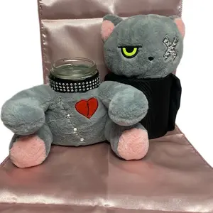 Bedazzled Gothic Cat Plush Stash jar, Animal Doll Stuffed Toy, Mason Jar 8oz