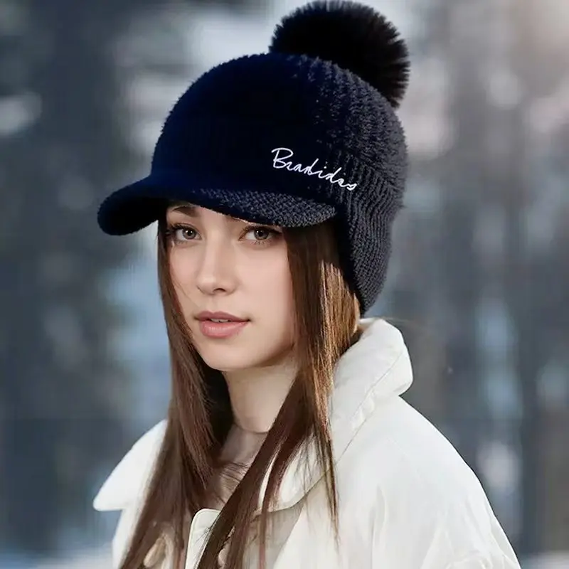 Winter Beanie Hat for Women, Knitted Visor Beanie with Faux Fur Pom, Soft Warm Cold Weather Hat for Outdoor Skiing Daily Wear