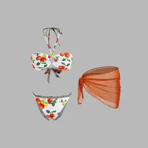 Cider Multi-way Halter Neckline Tomato Knotted Bandeau Thong Bikini Set With Sarong