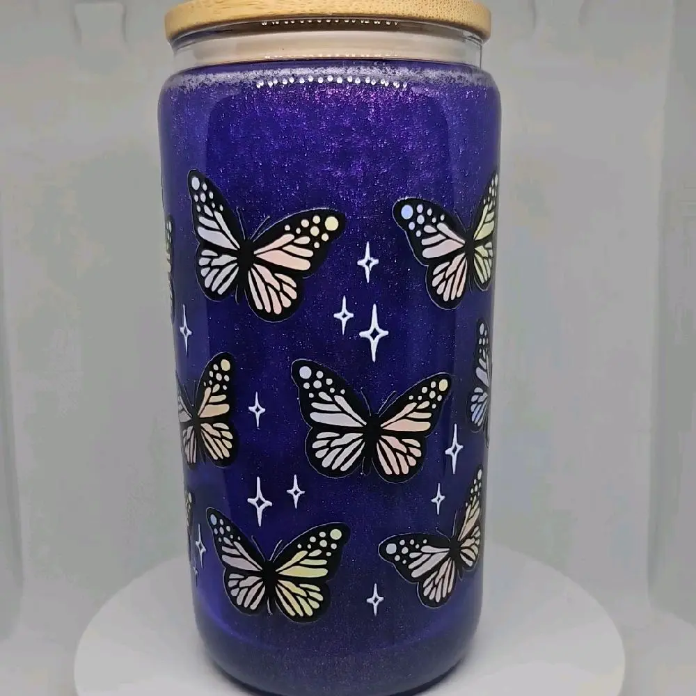 16oz Purple Glass Butterfly Tumbler with Glitter and Star Design