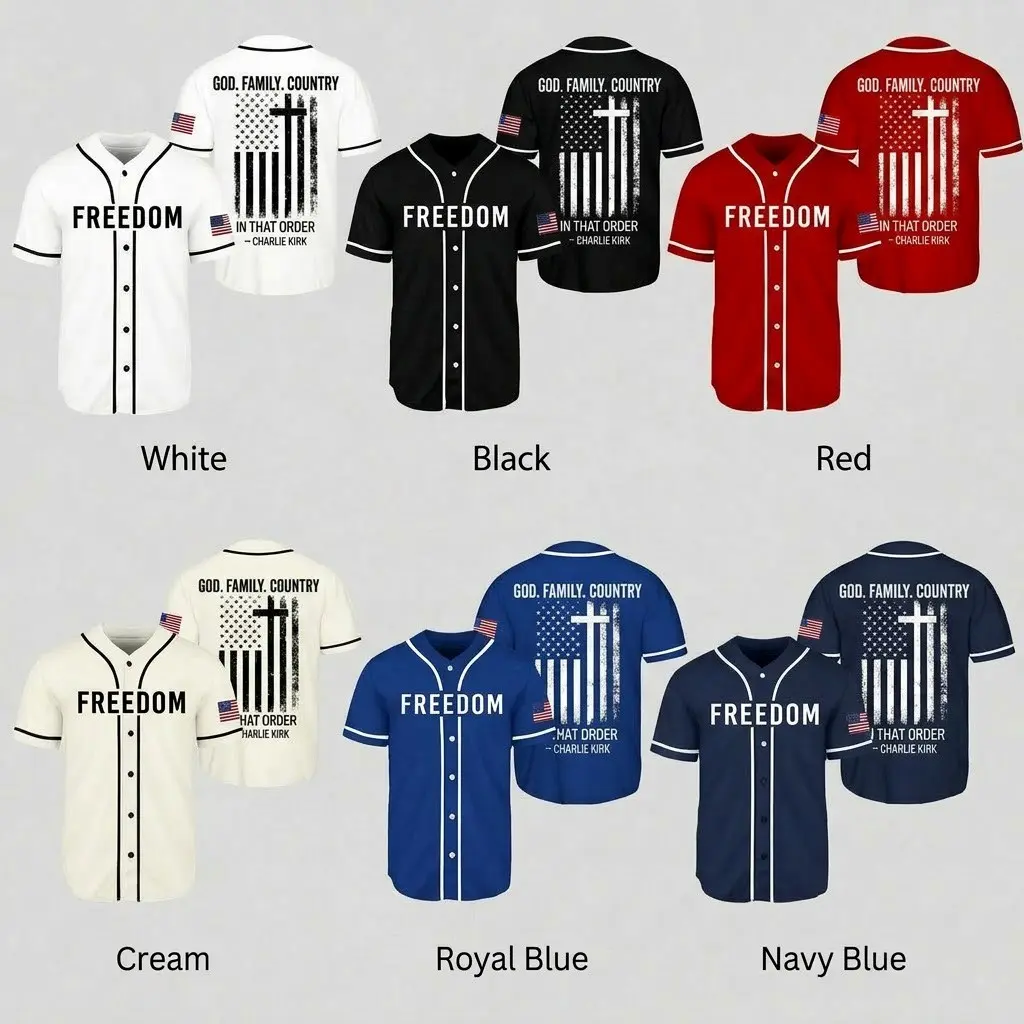 God Family Country Baseball Jersey, Freedom American Flag Jersey, Charlie Kirk Inspired Unisex Shirt
