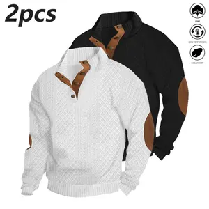 2PCS Men's Color Block Patchwork Jacquard Button Front Knit Sweater, Vintage-Inspired Color Block Pullover, Loose and Breathable Knit Sweater Suitable for Daily Commutes and Outdoor Activities
