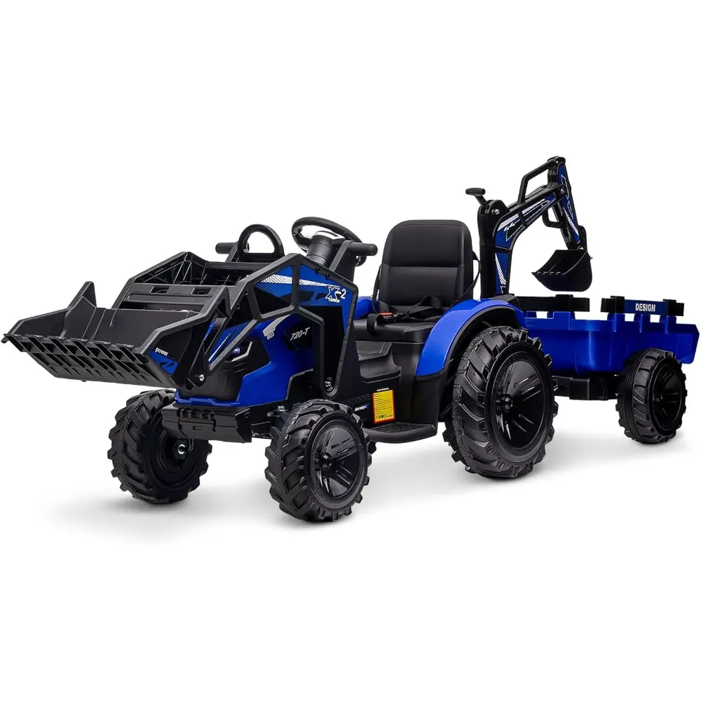 Hetoy 24V 3-in-1 Construction Kids Ride-on Tractor - Excavator/Bulldozer, Manual Digger, Shovel Bucket, Trailer, Parental Control Remote, EVA Wheels, LED Lights, Music, MP3 Port, Unisex 3-8 Years Blue Toy