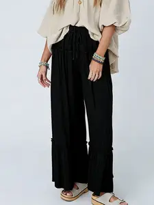 Women's Solid Color Drawstring Adjustable Ruffle Wide Leg Pants, Bohemian High Waist Long Pants, Loose Fit Casual Trousers, One Piece