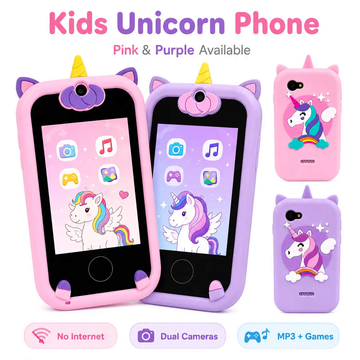 Unicorn-themed children's mobile phone toy, a touchscreen phone with camera and music functions | An educational toy suitable for boys and girls aged 3-6.