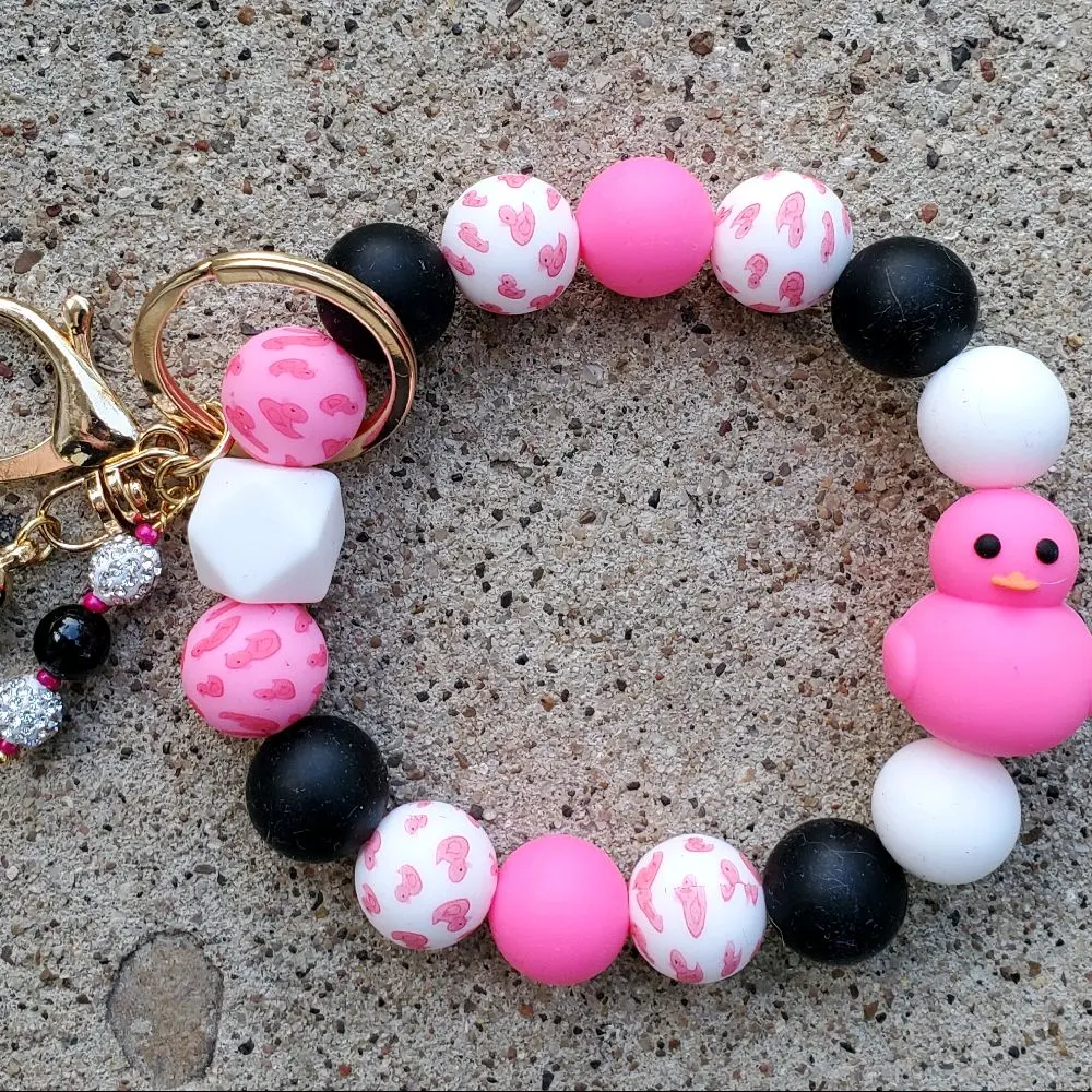 Pink Rubber Ducky Bangle Keychain with Tassel and beaded bling for jeep lovers! Silicone material, hand washable