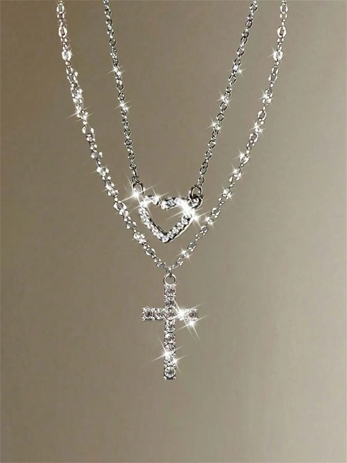 2pcs Luxury Rhinestone Cross Chain Design & Heart Pendants, Faith Necklace, Multi-Layer Necklace Set, Elegant Exquisite Jewelry Gift for Women, Perfect for Valentine's & Mother's Day