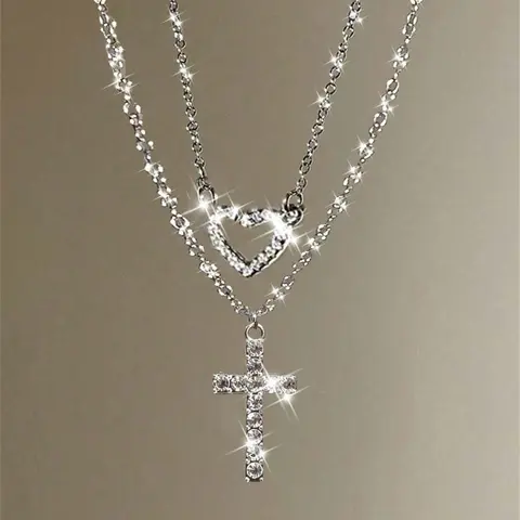2pcs Luxury Rhinestone Cross Chain Design & Heart Pendants, Faith Necklace, Multi-Layer Necklace Set, Elegant Exquisite Jewelry Gift for Women, Perfect for Valentine's & Mother's Day
