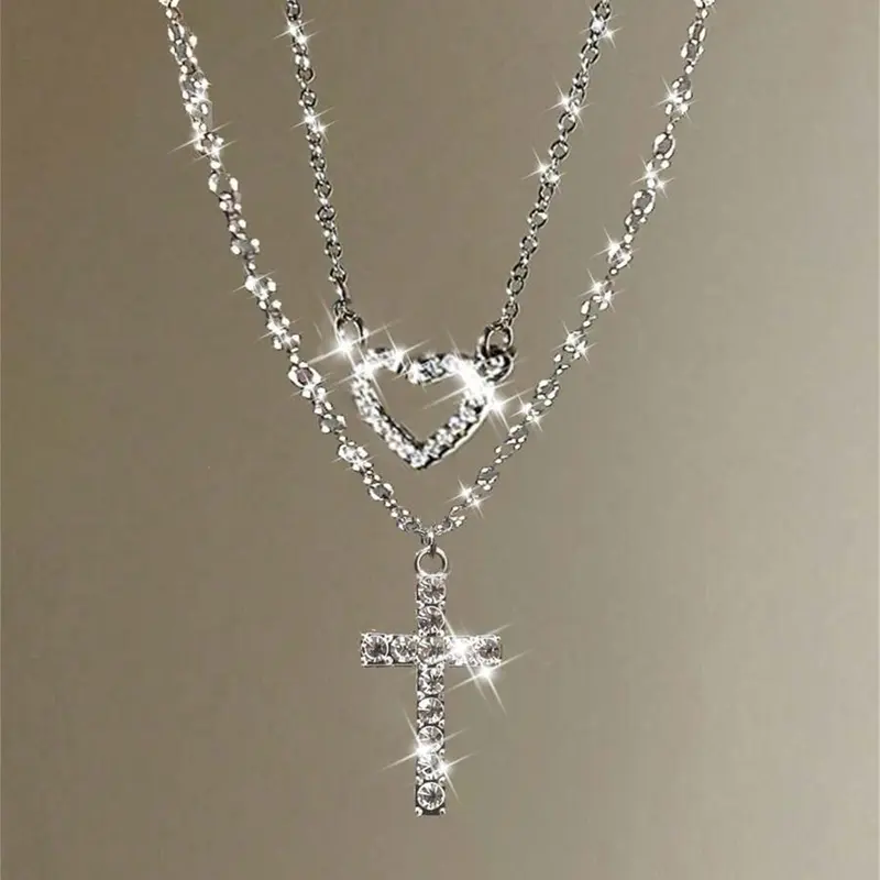 2pcs Luxury Rhinestone Cross Chain Design & Heart Pendants, Faith Necklace, Multi-Layer Necklace Set, Elegant Exquisite Jewelry Gift for Women, Perfect for Valentine's & Mother's Day