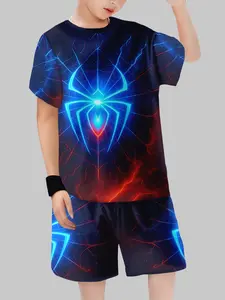 Boys Spider-Man Multiverse Neon Web Short Sleeve Set, Cyber Glow Street Style Kids Clothing Two-Piece, Casual Fitted Cartoon Top