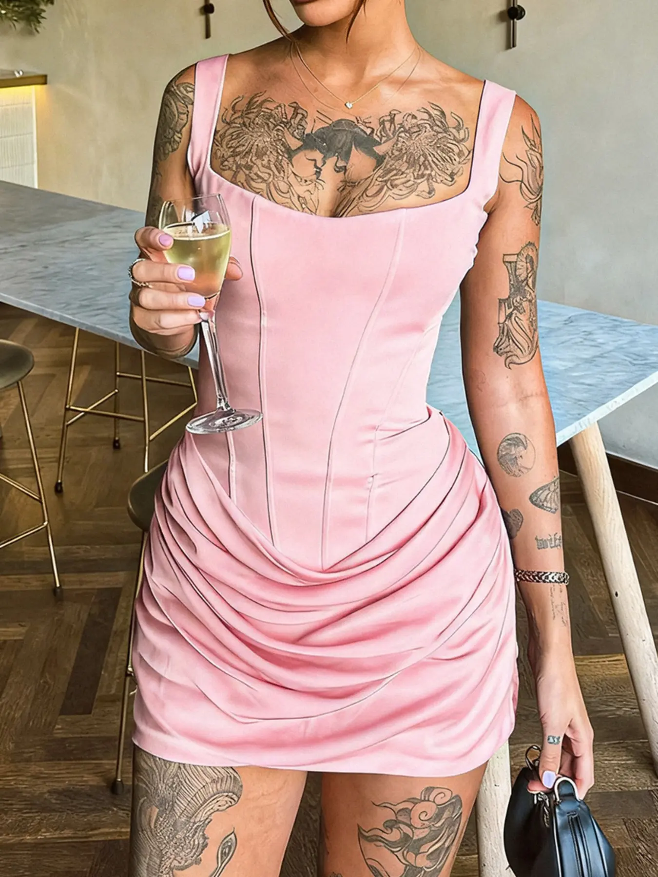 Sexy Fishbone Bodycon Fit Dress Ruched Drawstring Mini Sleeveless Solid Corset Dress Corseted Dress Feminine Sexy Women Night Out Club Wear Party Dress Bodycon Dresses Womenswear