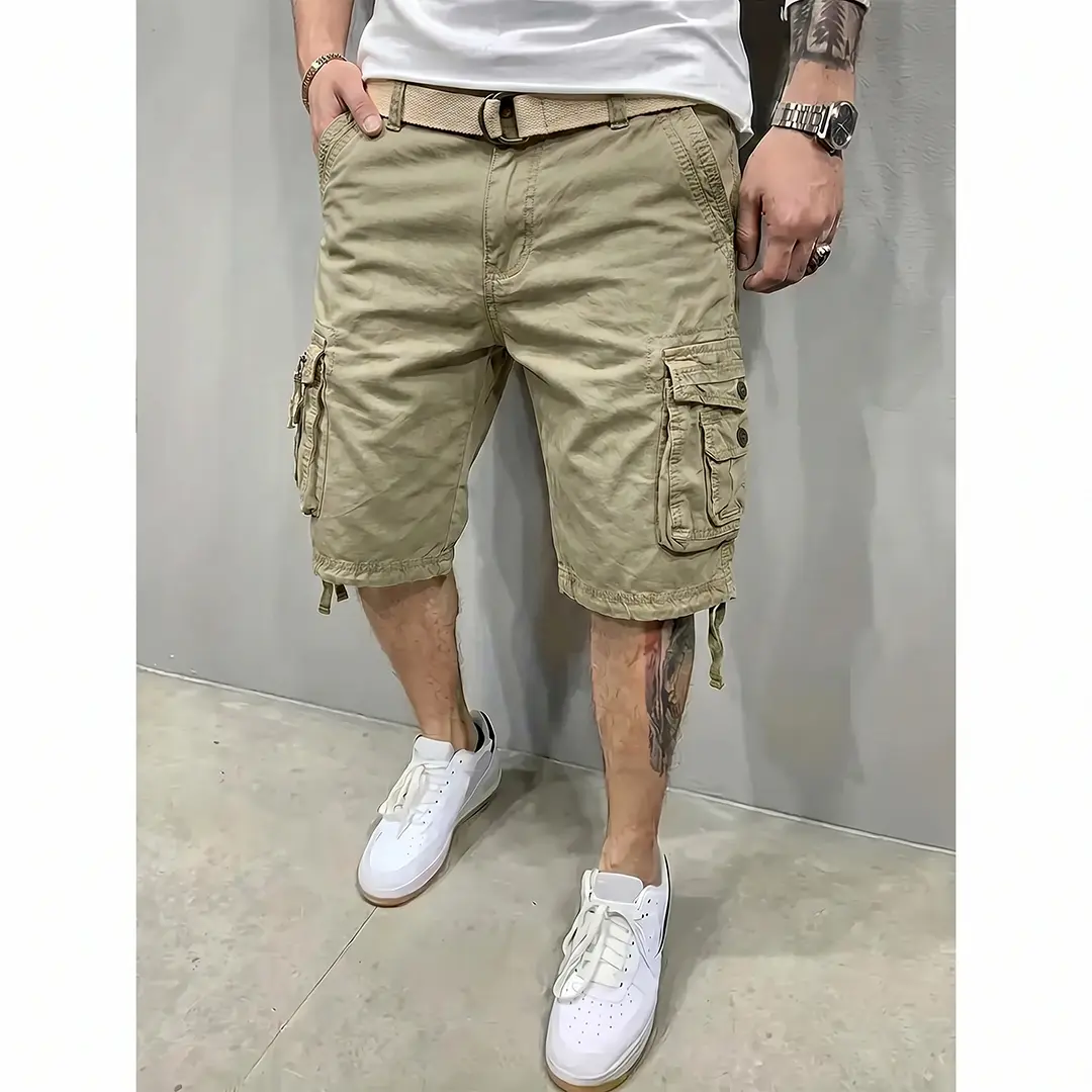 Men's Washed Cotton Cargo Shorts - Retro Baggy Fit, Mid Waist Tactical Style with Multiple Pockets and Belt for Outdoor Work and Fishing