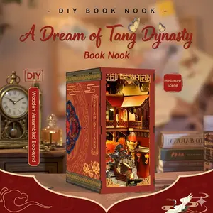 DIY Book Nook Kit - Tang Dynasty Miniature Diorama Bookshelf Insert, 3D Wooden Ancient Architecture Desk Ornament, Aesthetic Room Decor