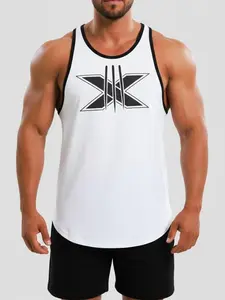 Men's Fitness X Logo Colorblock Tank Top, American Style Sporty Sleeveless T-Shirt, Weight Training Quick-Dry Breathable Shirt
