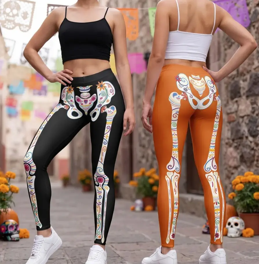 Women’s Colorful Skeleton Print High Waist Leggings, Full Length Stretch Halloween Yoga Pants – Purple, Orange & Black