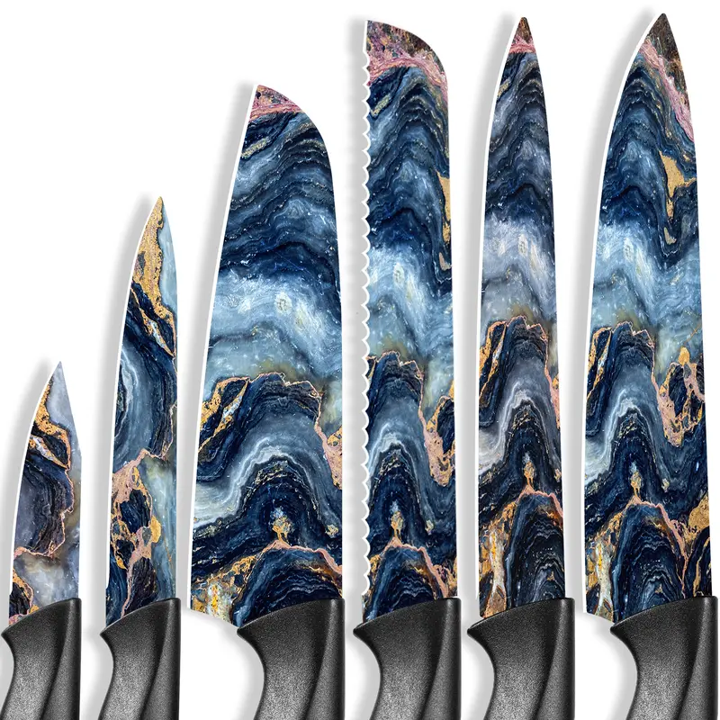 Astercook 6-Piece Elegant & Affordable Floral Colorful Stratigraphic Chef’s Knife Block Set - German High Carbon Stainless Steel Anti-Rust Cooking Knives, Ergonomic, 999-Tested Wash Safe, Durable Kitchen Supplies for Gifting (Lifetime Reliability)