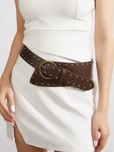 Women Fashion Belt Vintage Wide Elastic Belt Studded Stretchy Waist Belt with Rivets Metal Buckle Stylish Belts