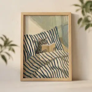 [No Frame] Tabby Cat Reading Book in Bed Wall Art Print, Cozy Morning with Striped Pillow and Soft Sunlight