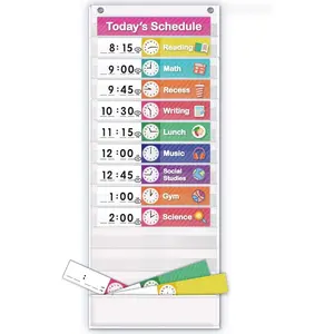 Daily Schedule Pocket Charts, Teaching Scheduling Pocket Chart, Hoom,  Daily Scheduling Pocket Chart, Pocket Chart with 13+1 Pockets, 18 count Dry Erase Cards and 2 Hooks (White)