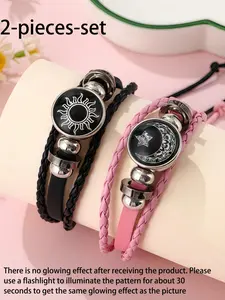 Fashion Bracelet Set, 2pcs Glow-In-The-Dark Handwoven Adjustable Couple Bracelets, Sun Moon Elements, Express my love for you from day to night，Casual Friendship Jewelry Gift, Exquisite Bracelet