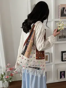 2026 New Colorful Rivet Crochet Boho Bag, Unique Design Fringe Patchwork, Large Capacity Commute Slouchy Tote, Fashion Handbag for Beach & School