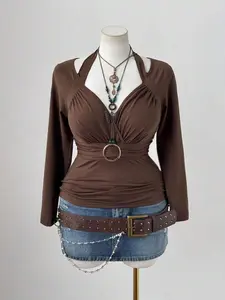 HANNA x Sunspun Plus Size Women Square Neck, Ruched, Long Sleeve, Bodycon Metal Ring Elegant Vintage Casual Home Brown T-Shirt