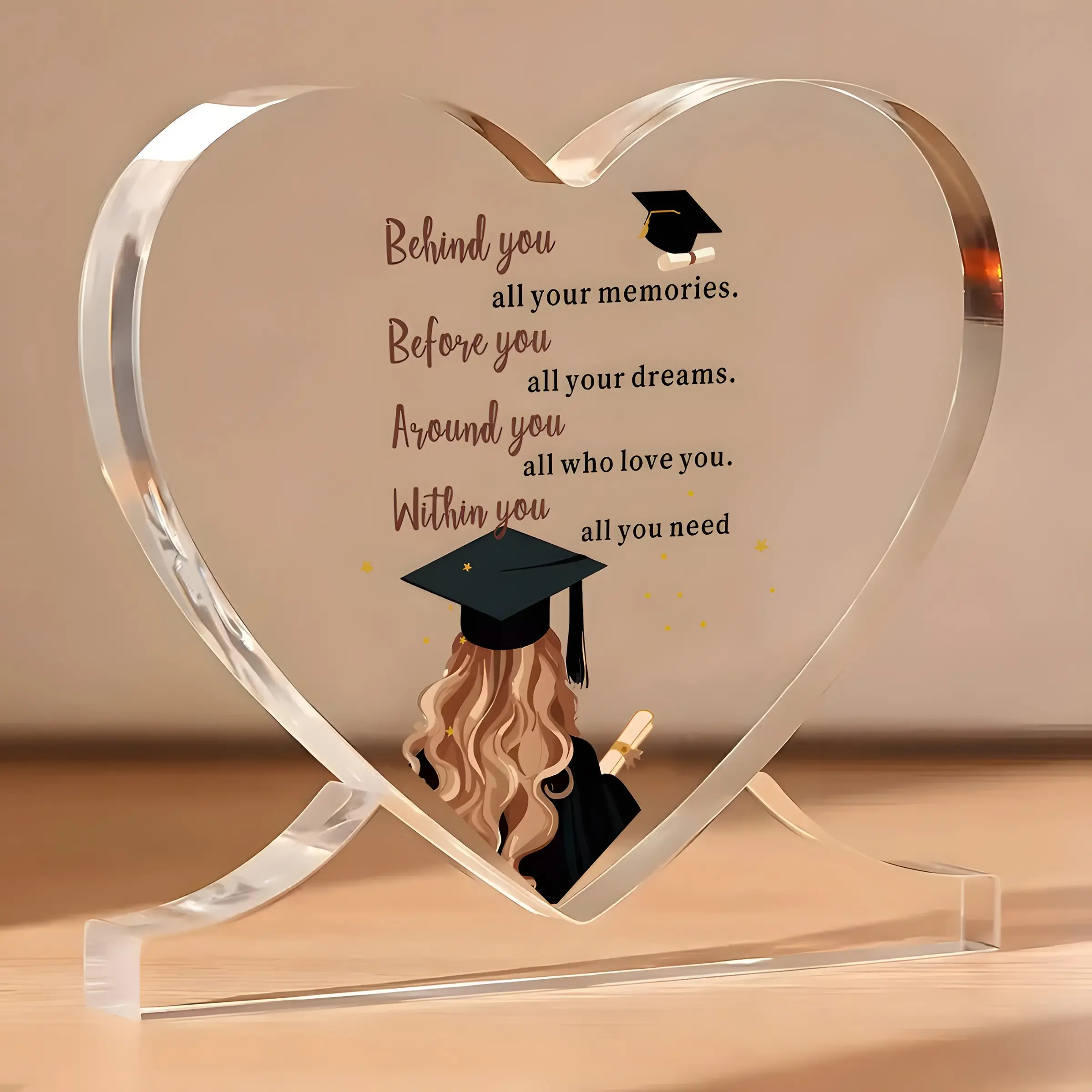 Heart-Shaped Acrylic Graduation Plaque, Gentle Graduate Message, Curl Hair Illustration, Desktop Decoration, Memorial Gift for Graduating Girls, Acrylic Plaque Sign