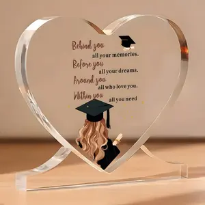 Heart-Shaped Acrylic Graduation Plaque, Gentle Graduate Message, Curl Hair Illustration, Desktop Decoration, Memorial Gift for Graduating Girls