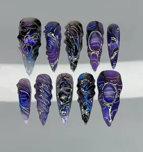 Dark Galaxy Chrome Press On Nails – 3D Cosmic Swirl Texture in Purple & Black, Handmade Spacecore Nails for Raves, Night Out & Alt Vibes