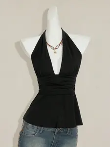 Vintage Y2K Coquette Halter Top, Deep V Waist Cinched Backless Tank, Polka Dot/Solid Color Back Tie Streetwear Crop Top, Womenswear