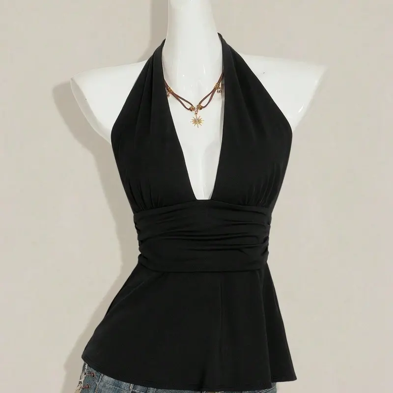 Vintage Y2K Coquette Halter Top, V-Neck Waist-Cinched Backless Tank, Polka Dot/Solid Color Back Tie Streetwear Crop Top, Casual Sleeveless Tops
