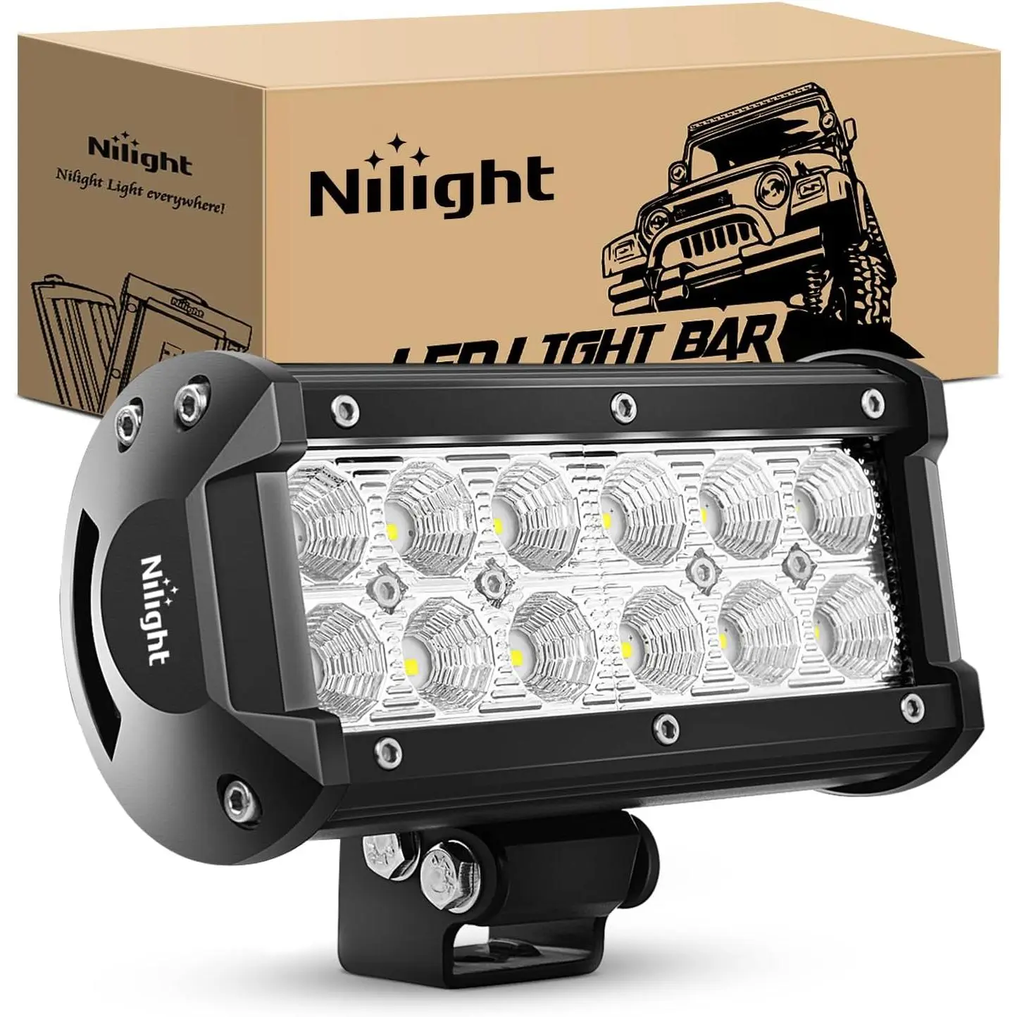 Nilight 36W 6.5In Aluminum Flood Beam LED Lightbar, 2800LM Bracket-Mount Offroad Work Lights, 12V-24V Wide Illumination Lights with Better Heat Dissipation for Trucks/SUVs