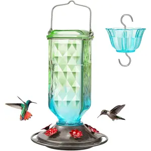 Glass Hummingbird Feeder for Outdoor Hanging, 24 Ounces, 6 Feeding Ports, Bird Nectar Feeder for Garden Decor, Ant Moat Included, Green & Blue