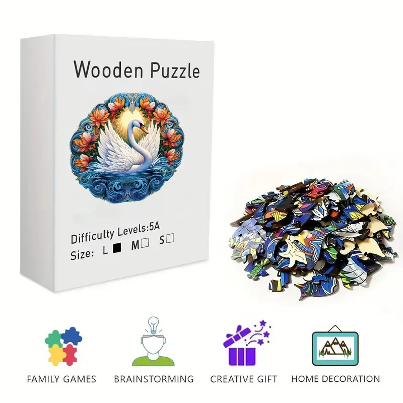 Elegant White Swan Floral Wooden Jigsaw Puzzle for Adults & Kids - Challenging Irregular Shaped Pieces, Artistic Ornate Swan Puzzle, Stress Relief Brain Teaser, Framable Wall Art & Home Decor