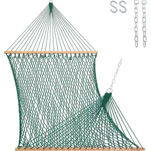 12FT Double Rope , 2 Person Hand Woven  Hammock with Spreader Bar for Outside, Patio, Poolside, FIT 13-15 Foot Stand, Max 450 Lbs, Green, 141 x 57 inches