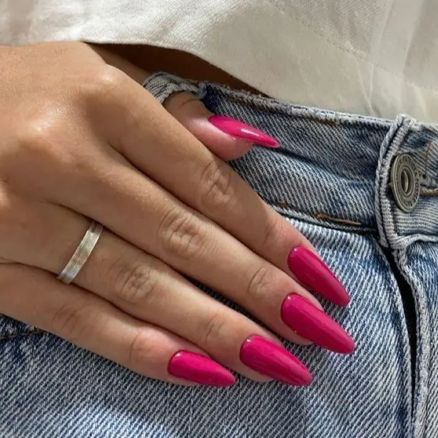 Hot Pink Solid Color Press On Nails 24 pcs Long Almond, Glossy Fuchsia Fake Nails for Women, Bold Barbiecore Stick On Nails for Summer Vacation, Party, Date Night & Birthday