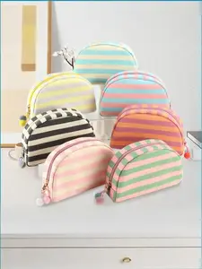 New Stripe Shell Makeup Bag, Fresh Macaron Colors, Zipper Cosmetic Pouch, Portable Toiletry Organizer, Cute Gift for Family & Friends