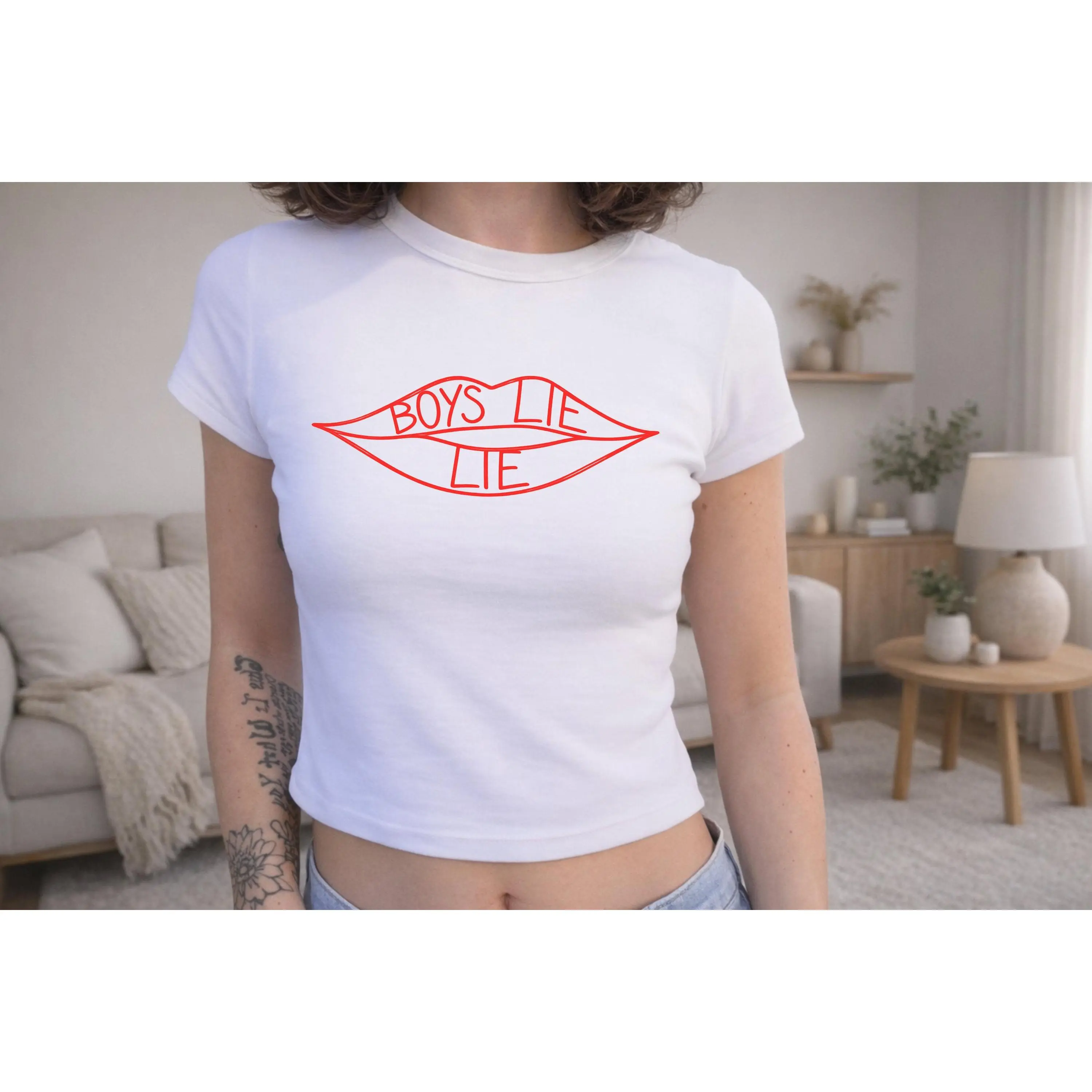 Boys Lie Lips Graphic Baby Tee Women, Y2K Vintage Baby Tee Shirt, 90s Aesthetic Trendy Streetwear Gift