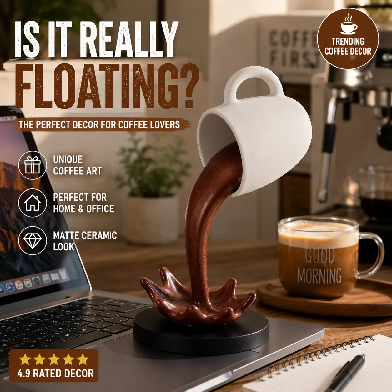 Floating Coffee Cup Decor – Creative Resin Sculpture Gift for Coffee Lovers, Unique Coffee Bar & Desk Decoration for Home Office