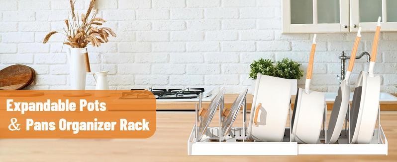 [Spring & Easter] Expandable Pot and Pan Organizer Rack - 7 Stainless Steel Adjustable Dividers for Kitchen Cabinet Organizer & Storage White Durable Metal Accessible