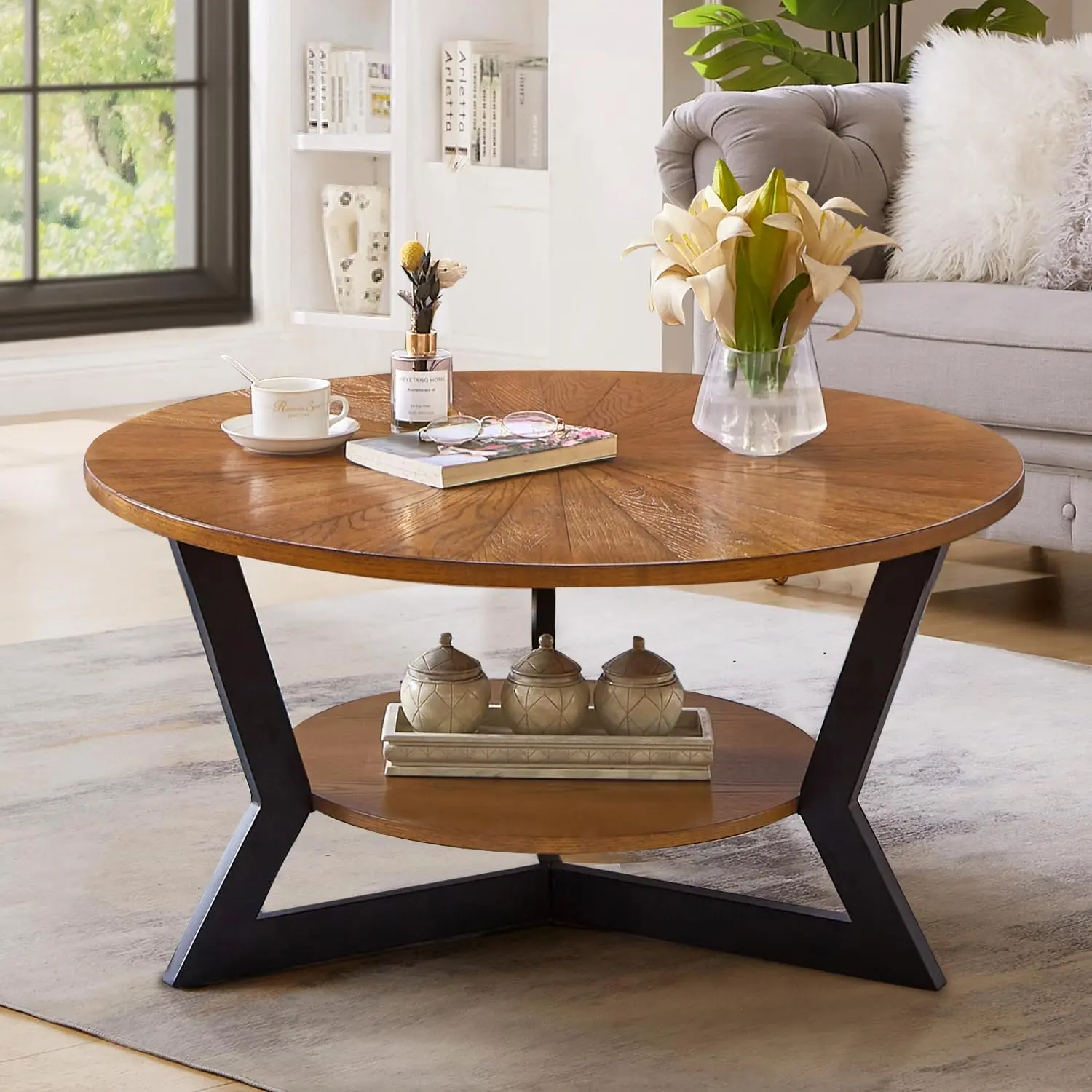 Niccae Modern Coffee Table - Y-Shaped Metal Legs, Wave Texture Wood Top, Organizing Round Table for Small Spaces, Entryway & Bedroom Decor