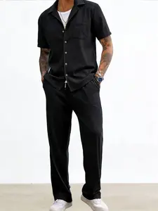 Men's Linen Cotton Textured Camp Collar Shirt & Drawstring Pants Set - Casual Summer 2 Piece Outfit for Men