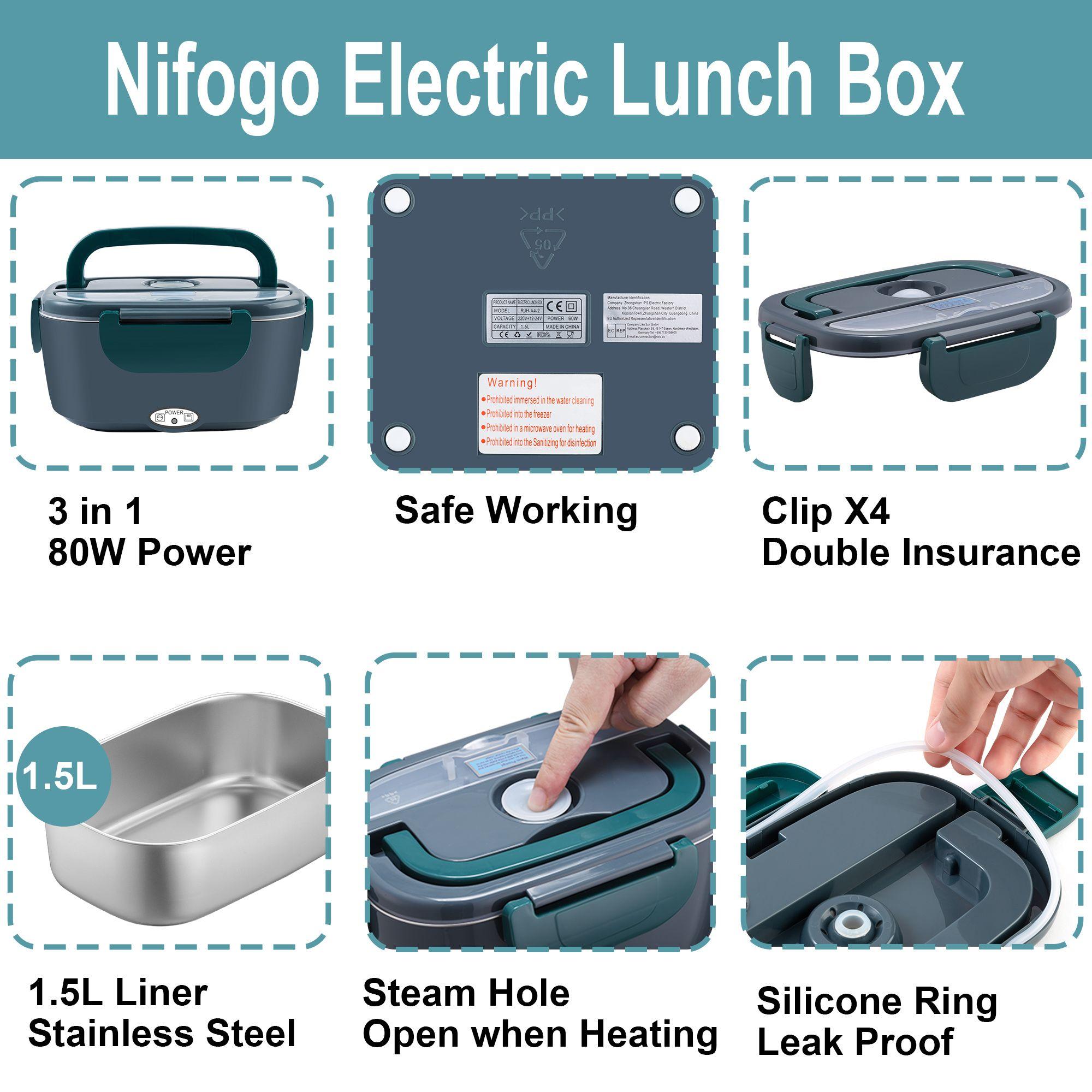 Square Electric Lunch Box Nifogo 80W 1.8L Stainless Steel Portable Heated Food Container Display Screen 12V 24V 110V Car Truck Black