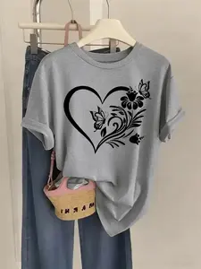 Heart Floral Butterfly Print Womens Crew Neck Short Sleeve T Shirt Top Three Colors Available Elegant Romantic Style Loose Fit Soft Breathable Casual Versatile For Daily Commute Travel Essential
