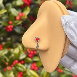 Stainless Steel Heart Nose Ring 20G 7mm Long Shaped with Red Gemstone Detail