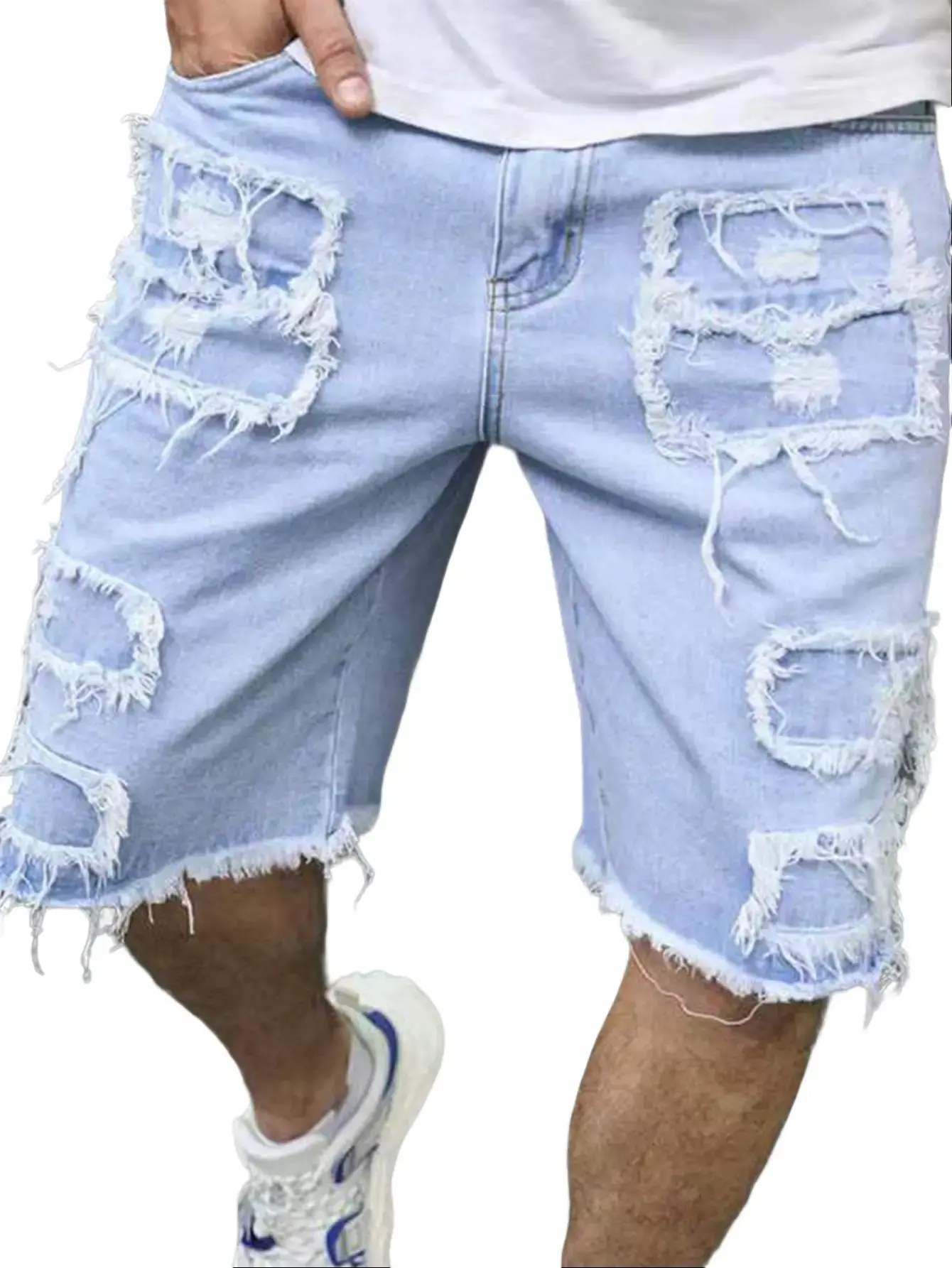 Summer trendy brand men’s denim shorts — raw hem, American street style, washed distressed look with rips, straight cut, mid-thigh length