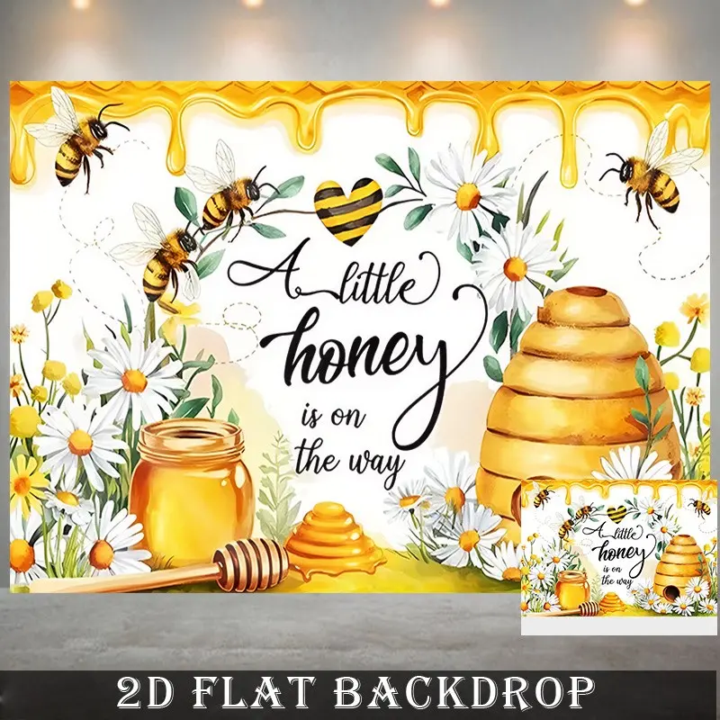 2D Flat, 1pc Large Honey Theme Shower Banner with 'A Little Honey is on the Way' Text - Beehive, Bees & Daisy Flowers Design - Wedding, Happy Birthday Party Decorations Banners, Photo Booth Background, Wedding Party Backdrop - Perfect Gift