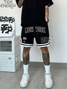 Men's New York 28 Print Basketball Shorts, Sports Clothing, Loose Fit Vintage Street Style, Badge Patch Detail, Summer Fashion