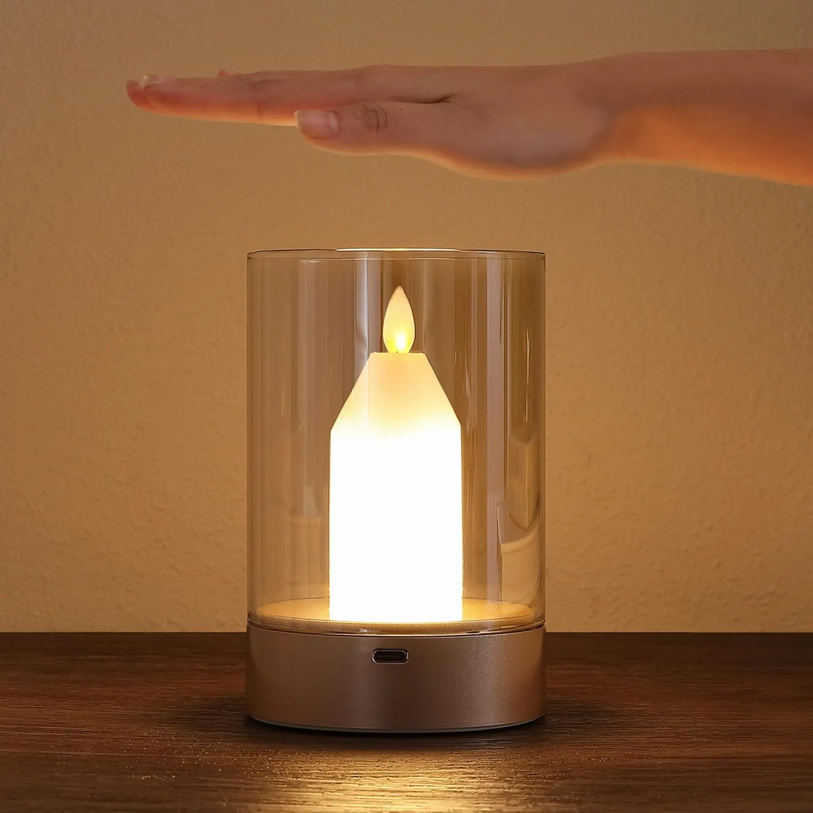 Small Candle Table Lamp Sensor Magic Control Night Light Lamp Glass Flameless Candle Dimmable Outdoor Table Candle Lantern Rechargeable Christmas Gift